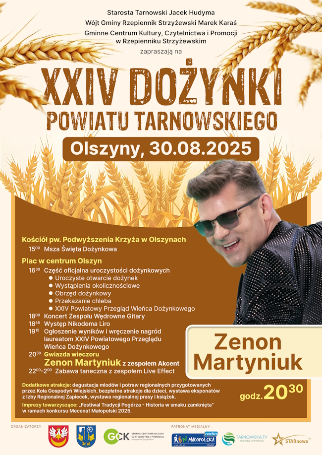 Plakat dożynkowy z programem i wizerunkiem gwiazdy wieczoru