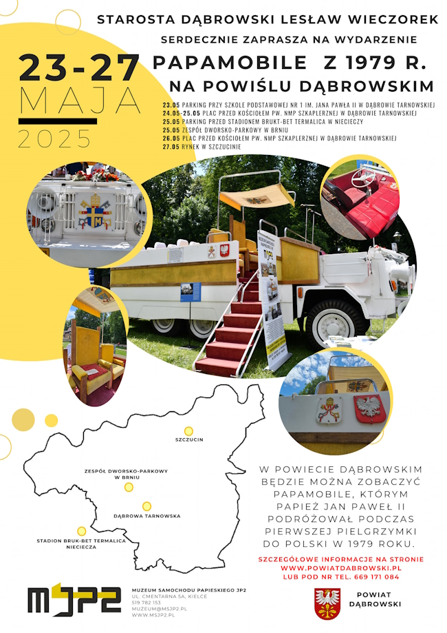 Plakat z grafika pojazdu Papamobile oraz programem wydarzenia