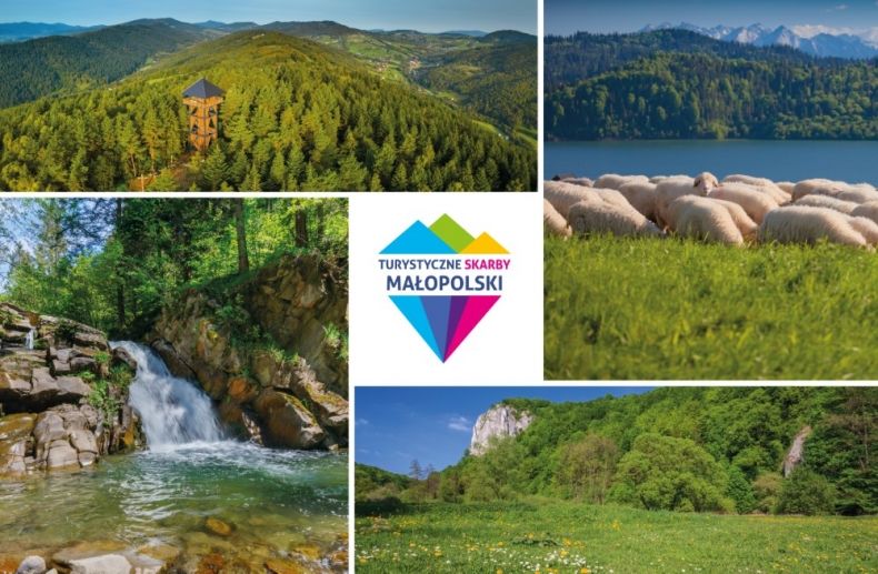 Grafika z krajobrazami Małopolski - góry, wodospad, owce pasące się na hali